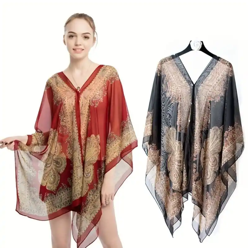Uv Protection Floral Chiffon Scarf Beachready Bikini Coverup Shawl