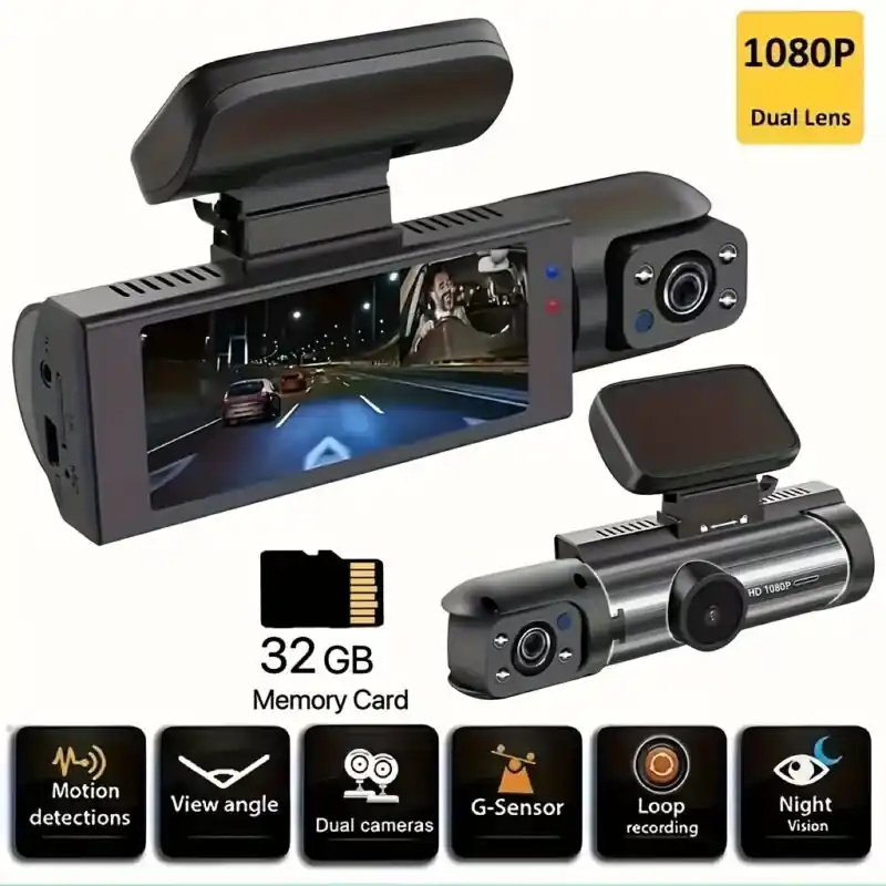 1080p Dual Dash Cam With Night Vision Wide Angle Loop Recording
