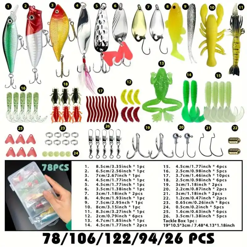 78pcs Ultimate Fishing Lure Tackle Set Crankbait Spinner Hook More