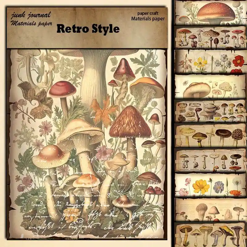 10pcs Vintage Mushroom Illustrated Paper For Journals Diy Crafts Gifts