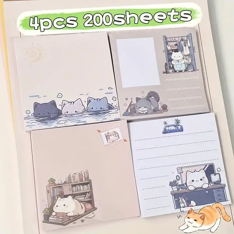 4pcs Cute Cat Sticky Notes Comic Cartoon Style Diy Journaling Stationery