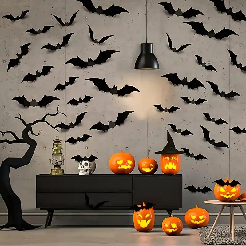 48pcs 3d Black Pvc Bat Halloween Wall Stickers Spooky Party Decor