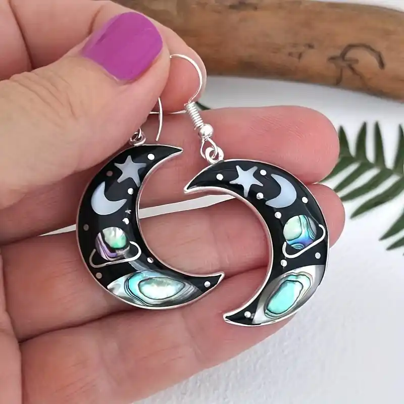 Vintage Crescent Moon Starry Sky Earrings Silver Zinc Alloy Jewelry