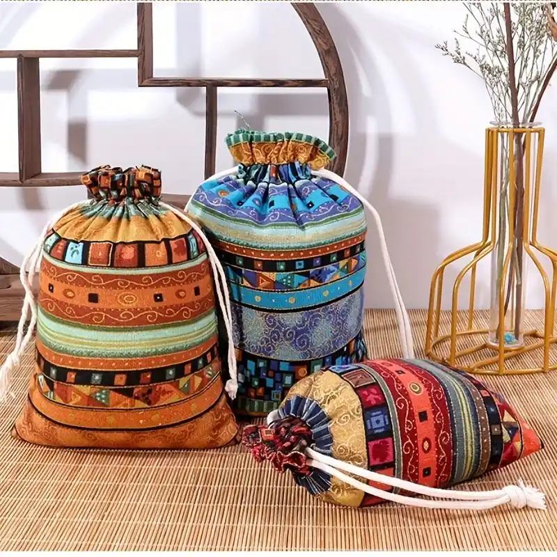 Egyptian Pattern Linen Gift Bags Drawstring Jewelry Candy Pouches 10x14cm