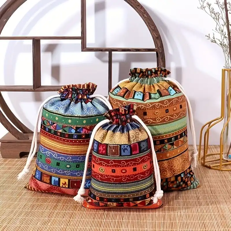 Egyptian Pattern Linen Drawstring Gift Bags Multicolor Multisize Options