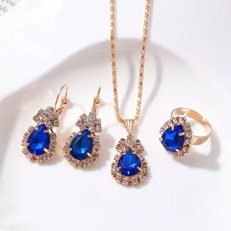 Elegant Bridal Jewelry Set Pendant Necklace Drop Earrings Adjustable Ring