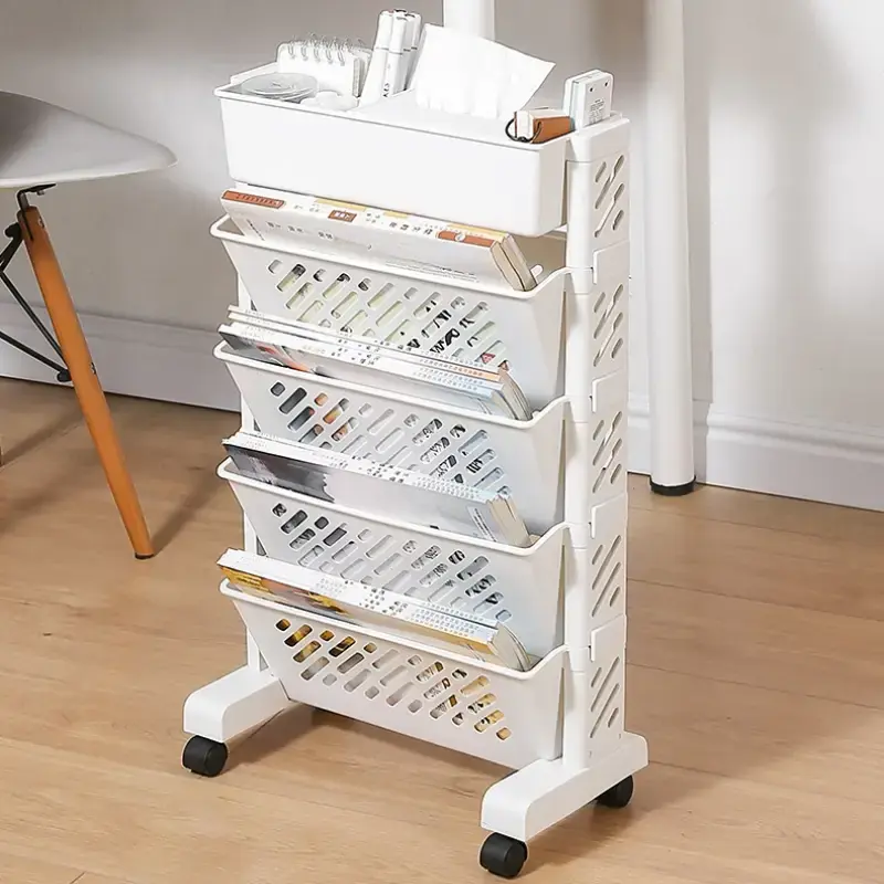 Adjustable 5tier Rolling Bookshelf With Desk Organizer And Storage Cart