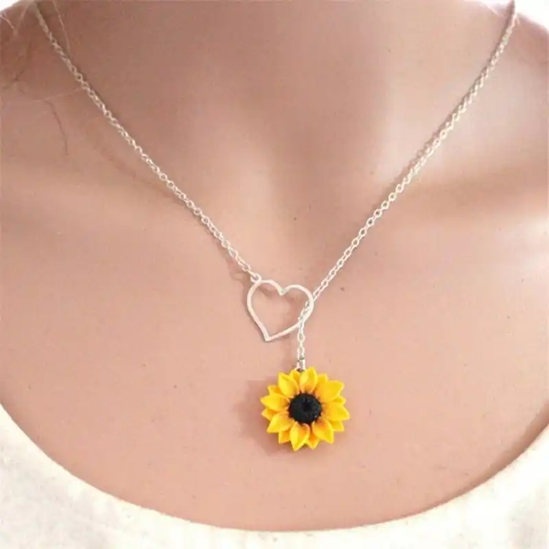 Elegant Yellow Sunflower Heart Lariat Necklace Bridal Infinity Charm
