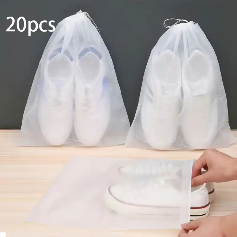 20pcs White Portable Nonwoven Drawstring Shoe Storage Bags For Travel