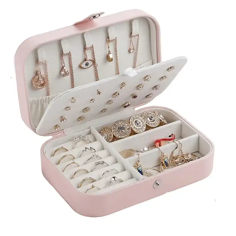 Portable Double Layer Pu Leather Jewelry Box Organize Earrings Rings Necklaces