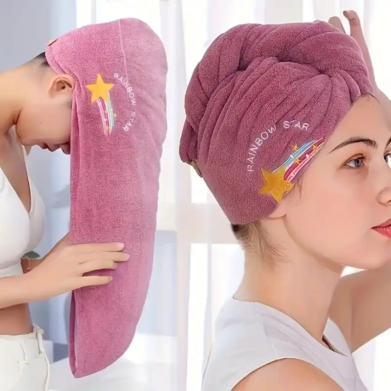 Rainbow Embroidered Quickdry Hair Towel Cap With Button Soft Absorbent