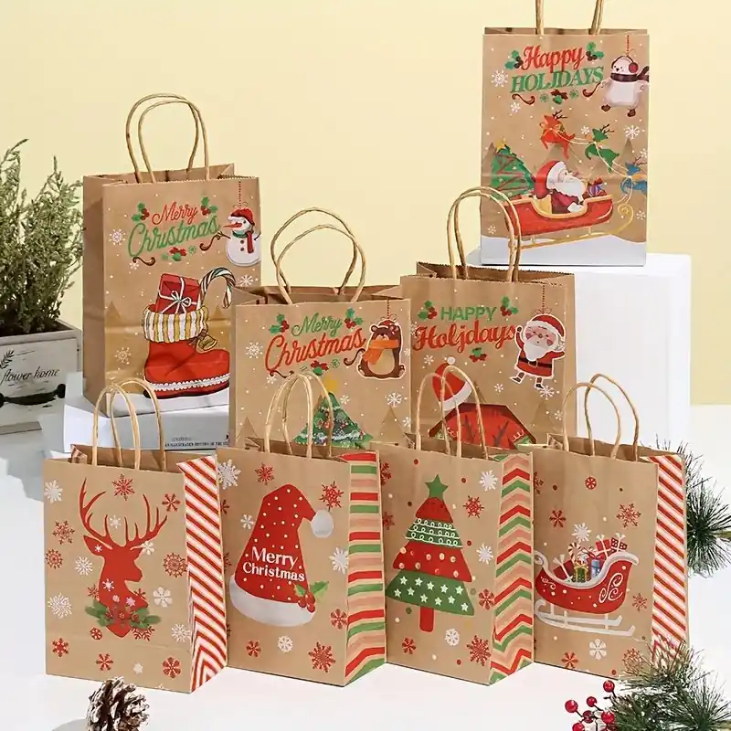 8 Pcs Christmas Kraft Gift Bags With Handles 8 Designs 83x59x31 Inches