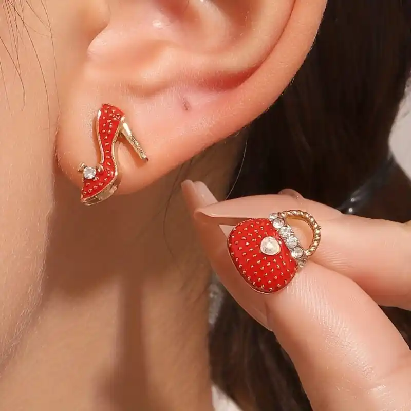 Red Asymmetric Rhinestone Earrings 14k Gold Plated High Heels Design