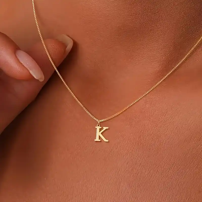 Elegant Womens Box Necklace Smooth Gold Plated English Letter Pendant Chain