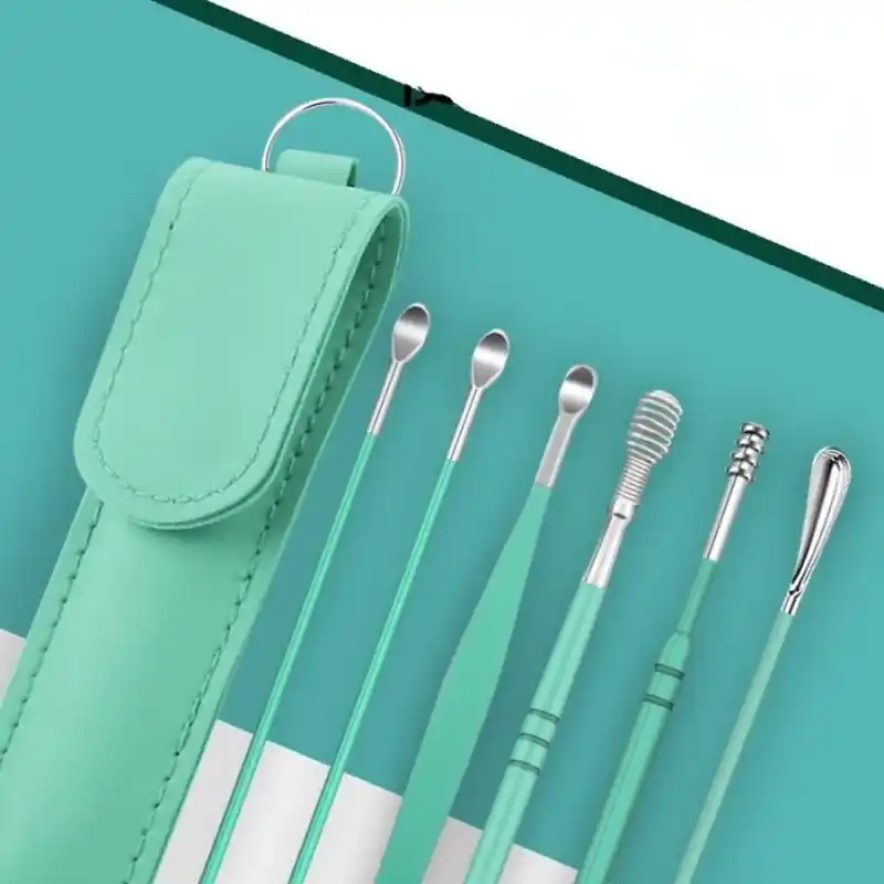 6piece Stainless Steel Ear Cleaning Kit Reusable Wax Removal Tools With Pu Bag