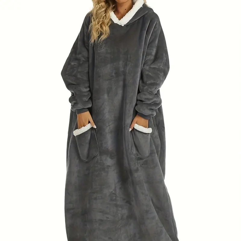 Plus Size Womens Hooded Flannel Loungewear Robe With Pockets