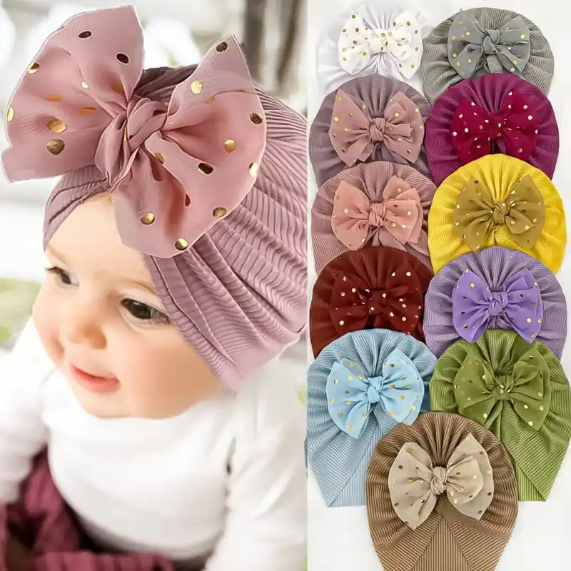Polka Dot Newborn Turban Cap Elastic Bow Head Wrap For Infants