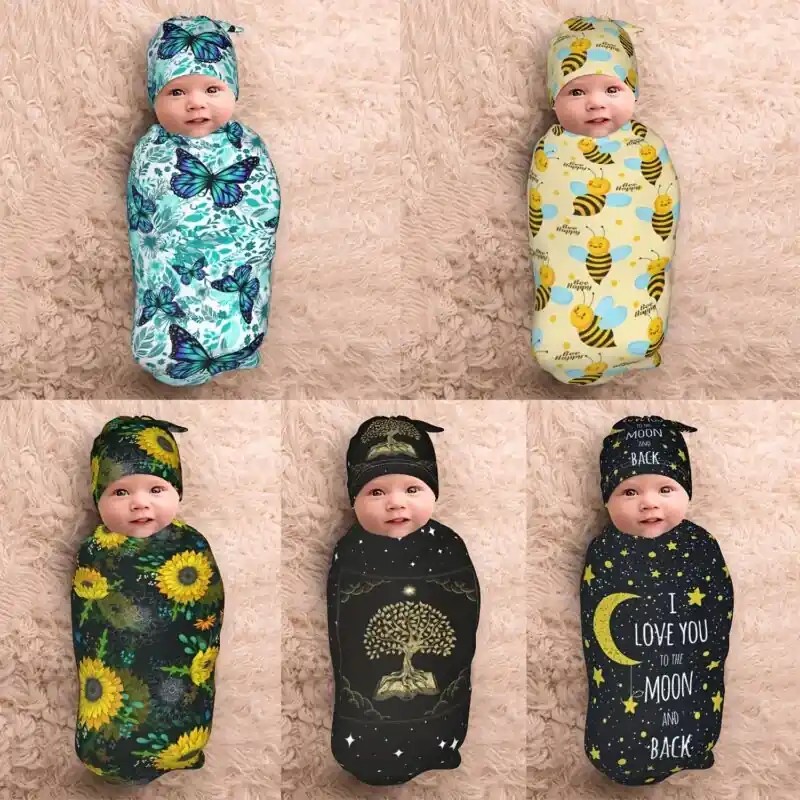 Newborn Butterfly Swaddle Blanket With Beanie Soft Stretchy Green Floral