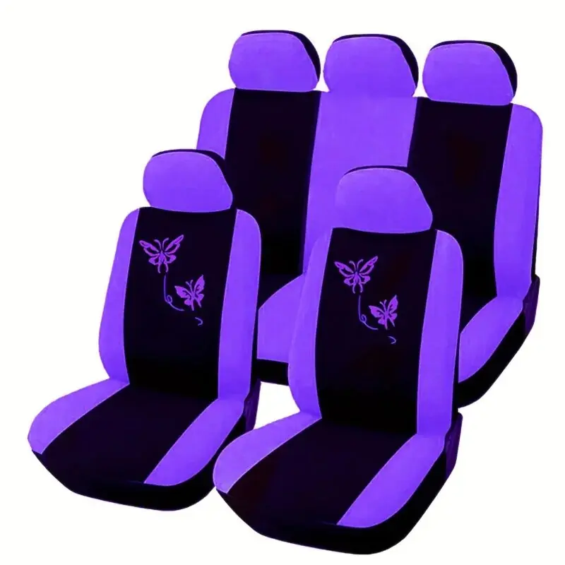 Universal Purple Butterfly Embroidered 5seat Car Cover Set