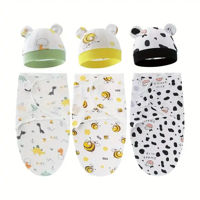 100 Cotton Newborn Swaddle Wrap Set With Hat Soft Unisex Baby Blankets