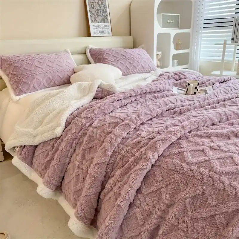 Luxurious Doublesided Lamb Wool Taffeta Blanket For Bed Sofa Nap Purple