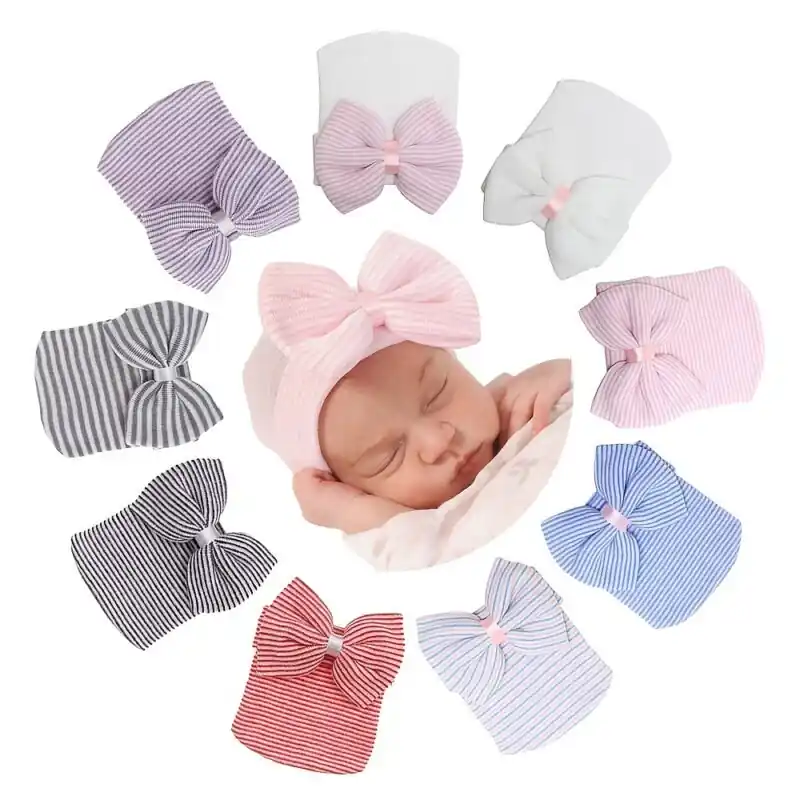 Newborn Baby Girls Striped Knitted Turban With Bow Photography Prop Hat