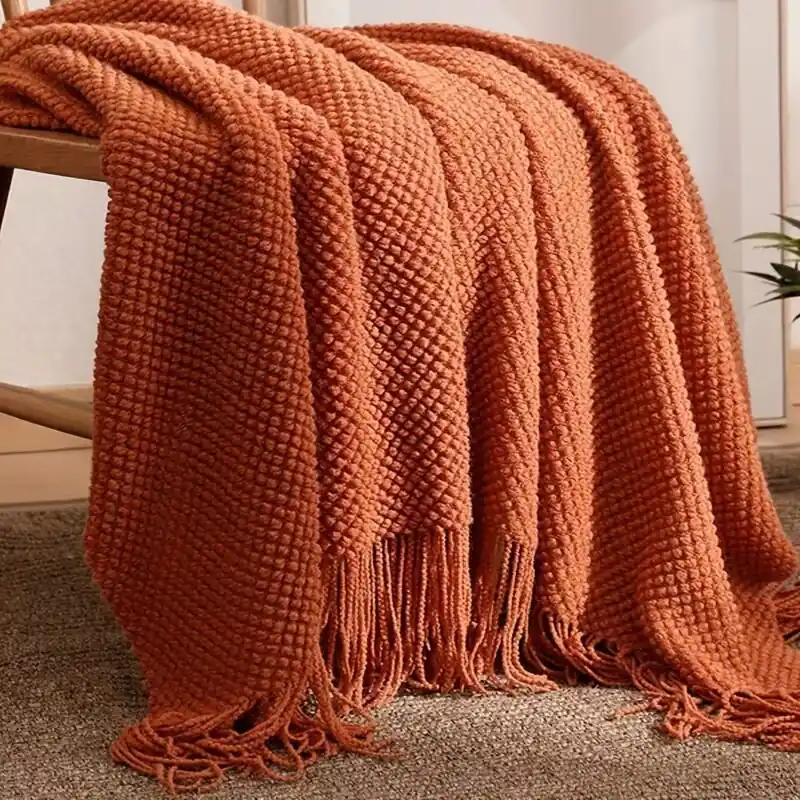 Soft Morandi Orange Knit Tassel Throw Blanket For Couch Bed Travel