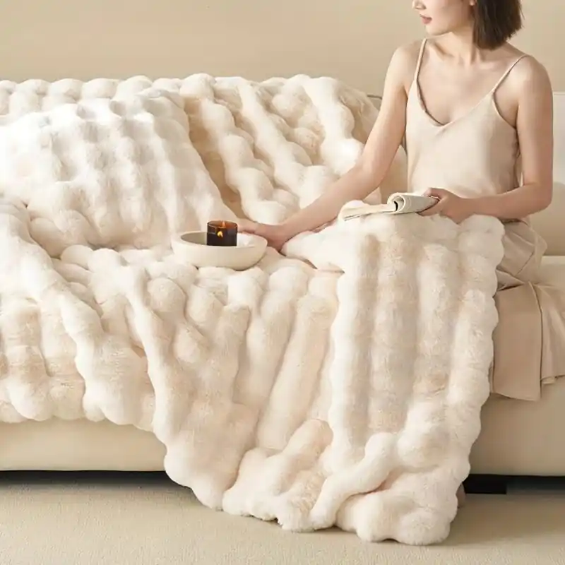 Soft Faux Rabbit Fleece Throw Blanket Ideal For Bed Couch Camping