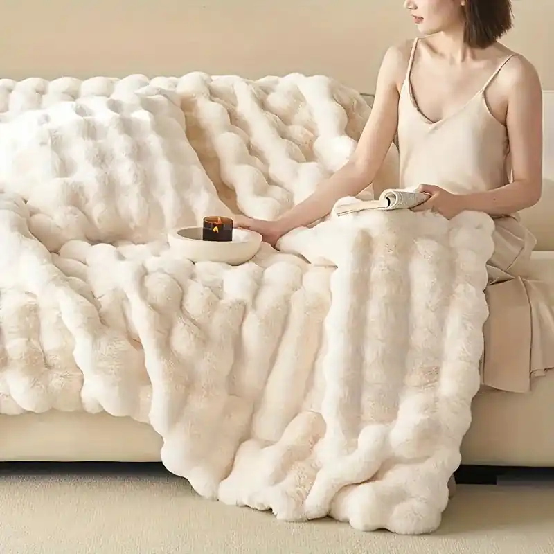 Plush Doublesided Rabbit Fleece Throw Blanket For Bed Couch Camping