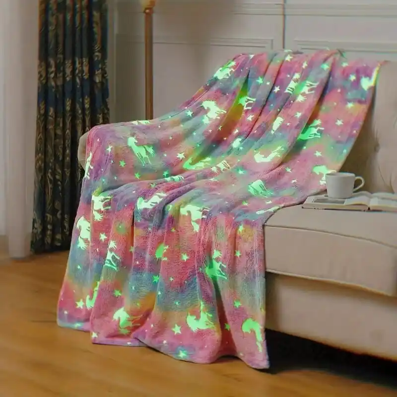 Glowing Unicorn Plush Blanket Soft Flannel 60×50 Kids Bedroom Decor