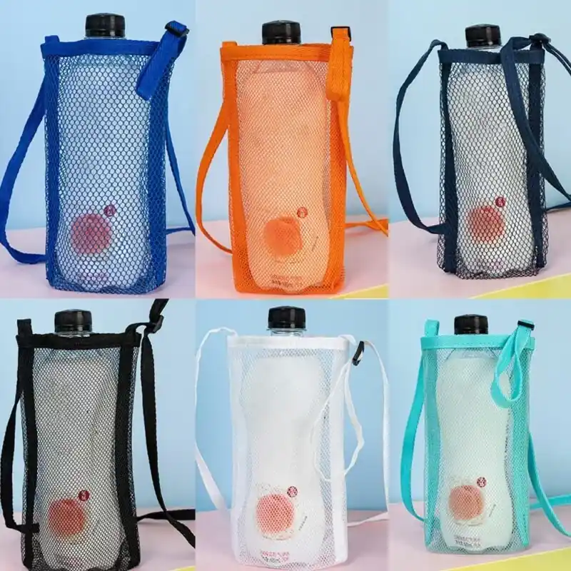 Portable Mesh Water Bottle Holder Bag With Adjustable Strap Cup Storage Accessory