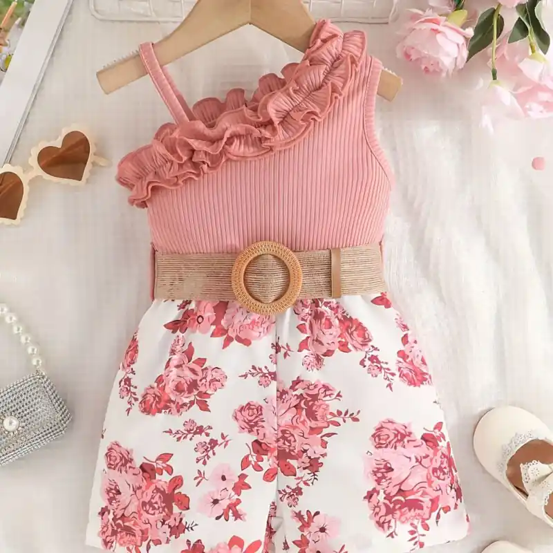 Floral Print Baby Girls Jumpsuit With Belt Sleeveless Summer Infant Romper