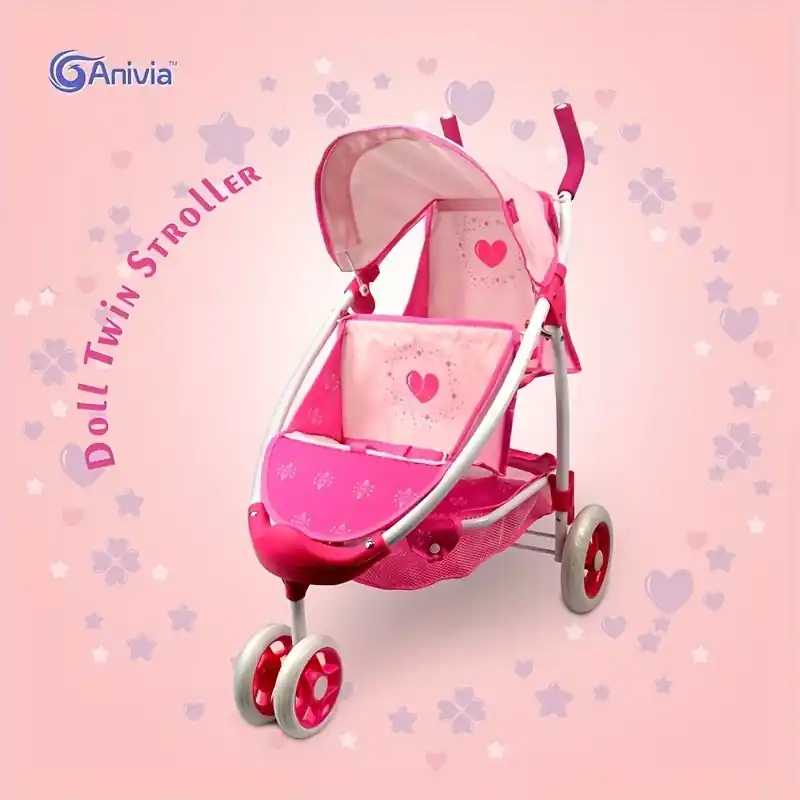 Twin Doll Stroller 11 Foldable Baby Doll Pram With Heart Design