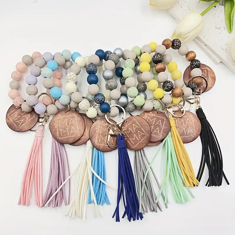 Handmade Leopard Print Wooden Bead Bracelet With Tassel And Mama Keychain