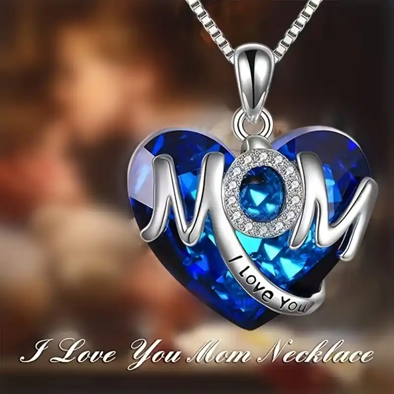 Blue Crystal Heartshaped Mom Pendant Necklace Mothers Day Jewelry Gift