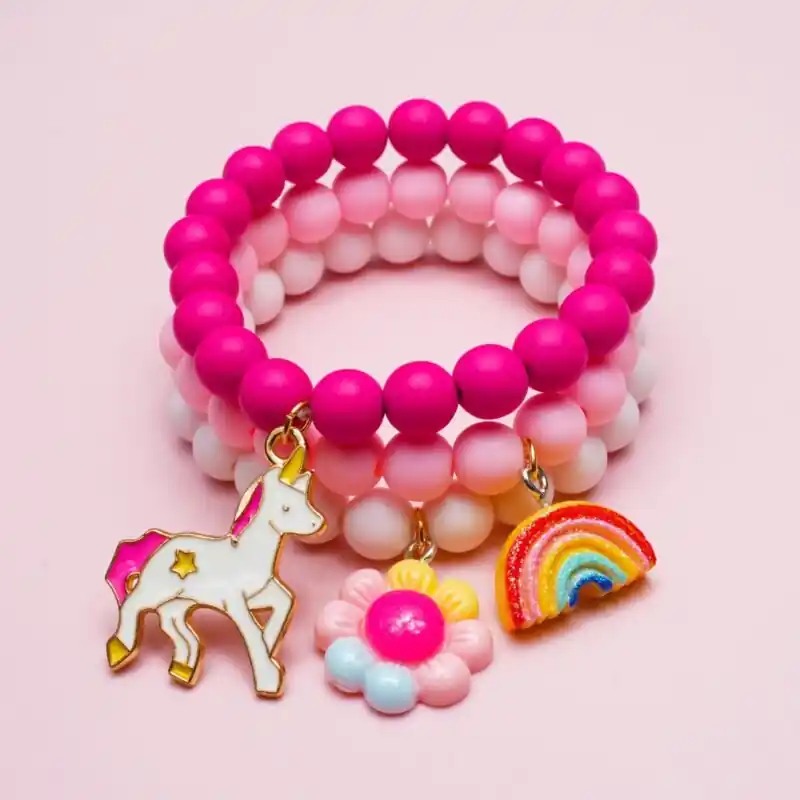 Girls Unicorn Rainbow Flower Pendant Bracelets Colorful Beaded 3pcs Set