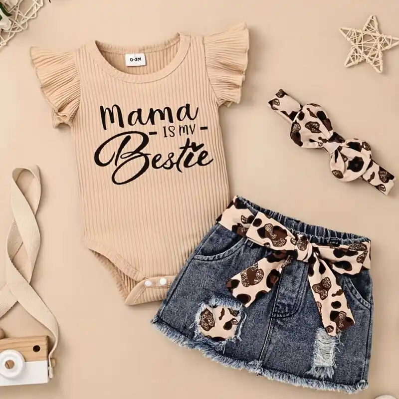 Newborn Baby Girl Leopard Print Romper And Jeans 3pc Outfit Set