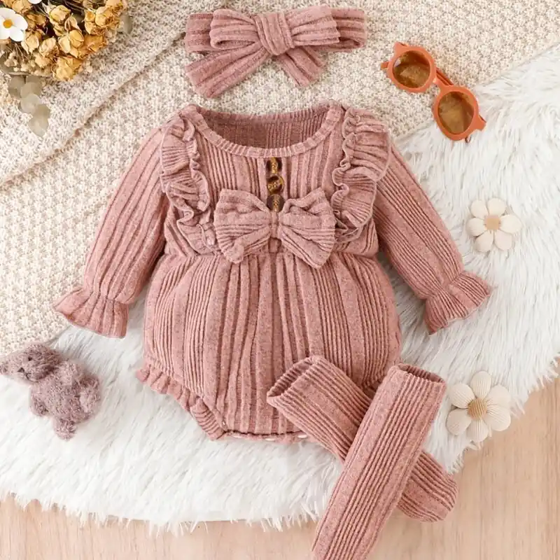 3pcs Winter Warm Baby Girl Lace Ruffled Onesie Headband Socks Set