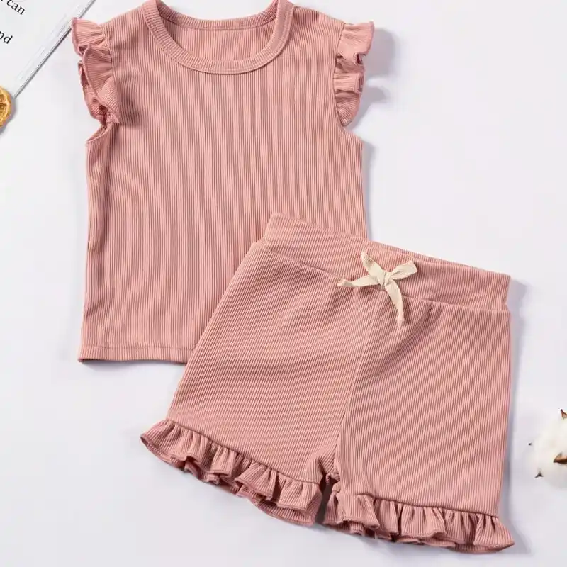 2pcs Toddler Girls Summer Outfit Ribbed Ruffle Sleeveless Top Shorts Set
