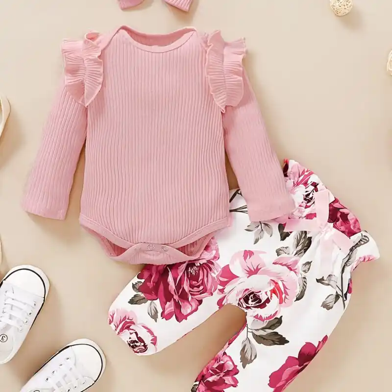 3pcs Baby Girls Floral Print Bodysuit Onesie Pants Matching Headband