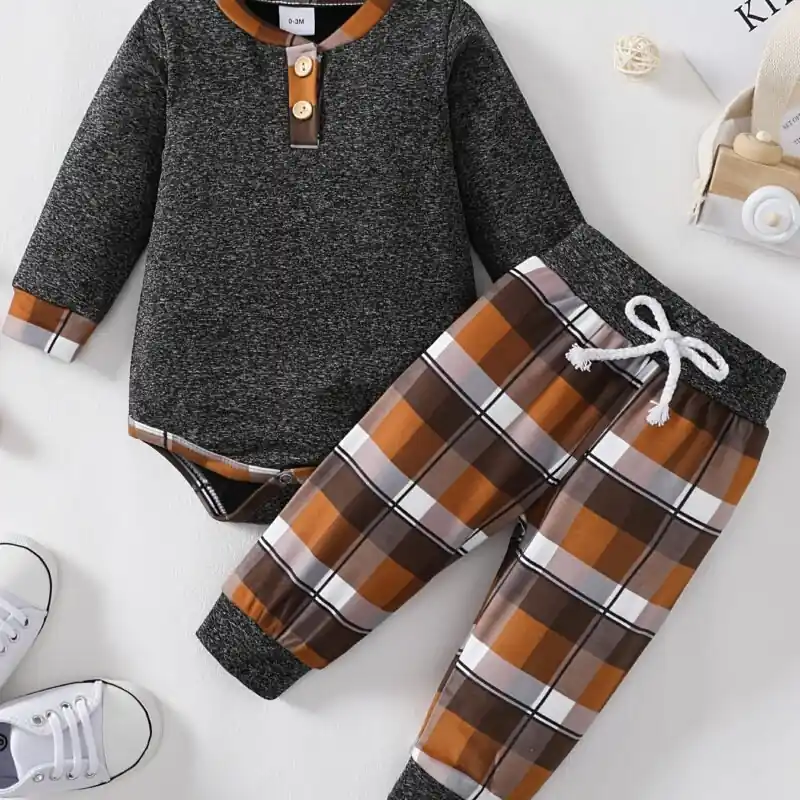 Newborn Baby Boys Longsleeve Romper Plaid Pants Outfit Set