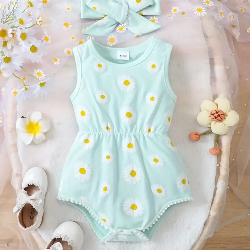 Floral Print Cotton Baby Onesie Headband Set Comfortable Toddler Outfit