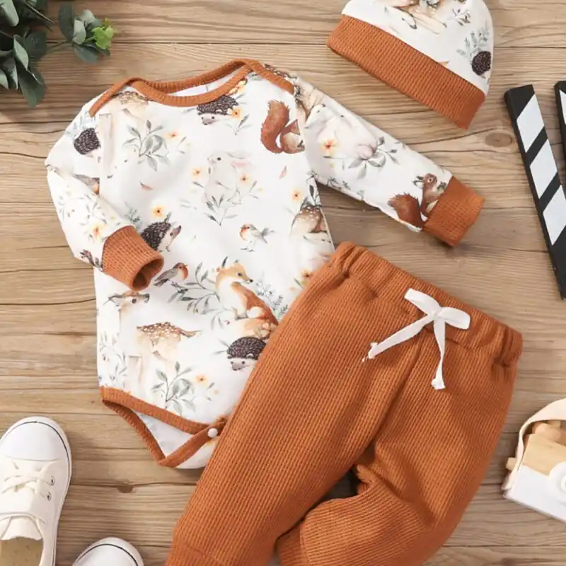 3pcs Newborn Toddler Animal Print Romper Set Unisex Baby Clothes