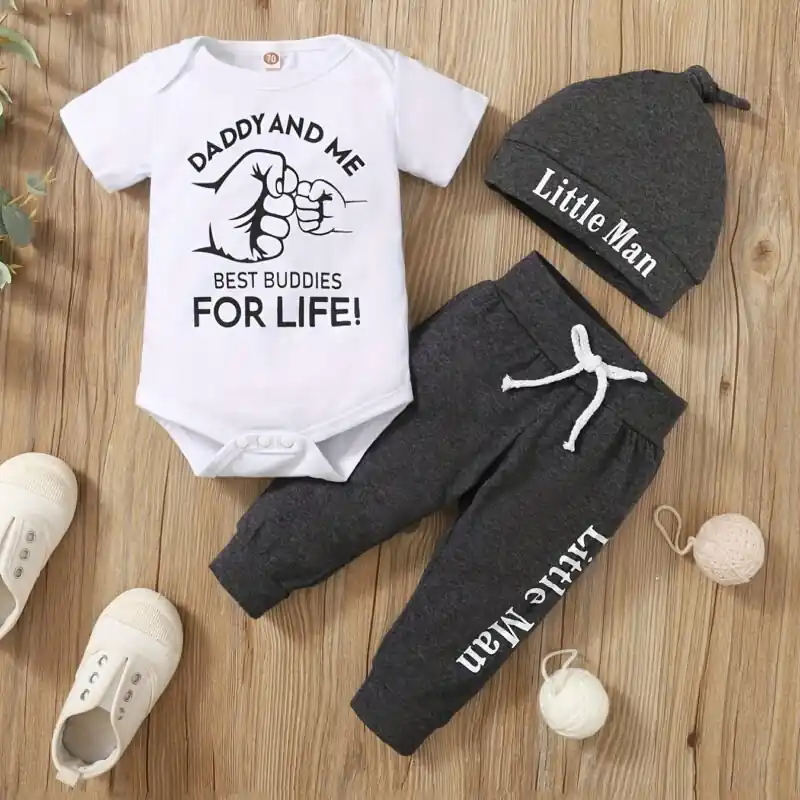 2pcs Baby Boys Bodysuit Hat Set Daddy And Son Print Outfit