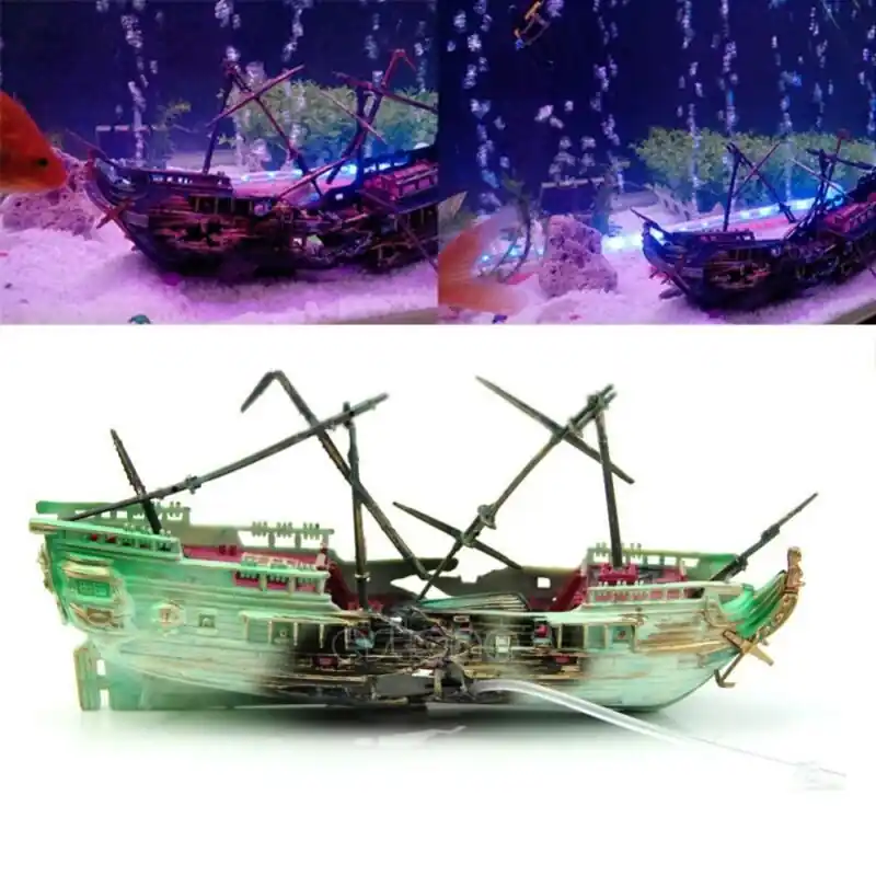 Sunk Ship Aquarium Decor Fish Tank Cave Air Split Shipwreck Ornament
