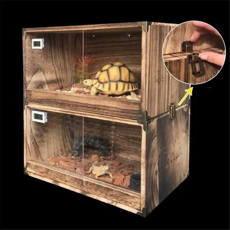 Acrylic Wood Turtle Tank With Thermometer For Reptile Breeding Decor