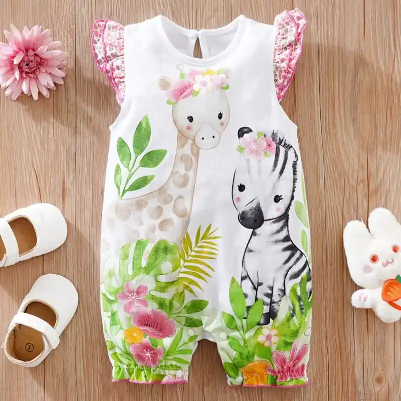 Summer Newborn Baby Girls Cotton Romper With Cute Animal Print Ruffled Sleeves