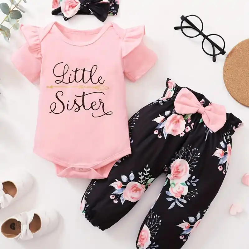 Summer Cotton Bodysuit Floral Print Pants Headband Set For Baby Girls