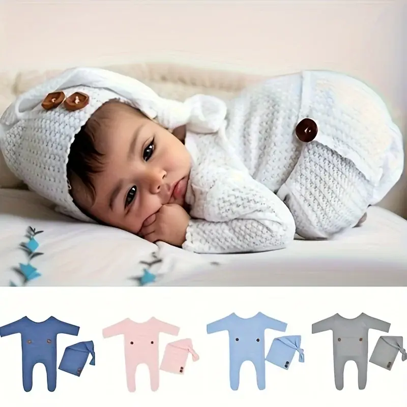 Newborn Boys Long Sleeve Knit Romper Beanie Photography Set
