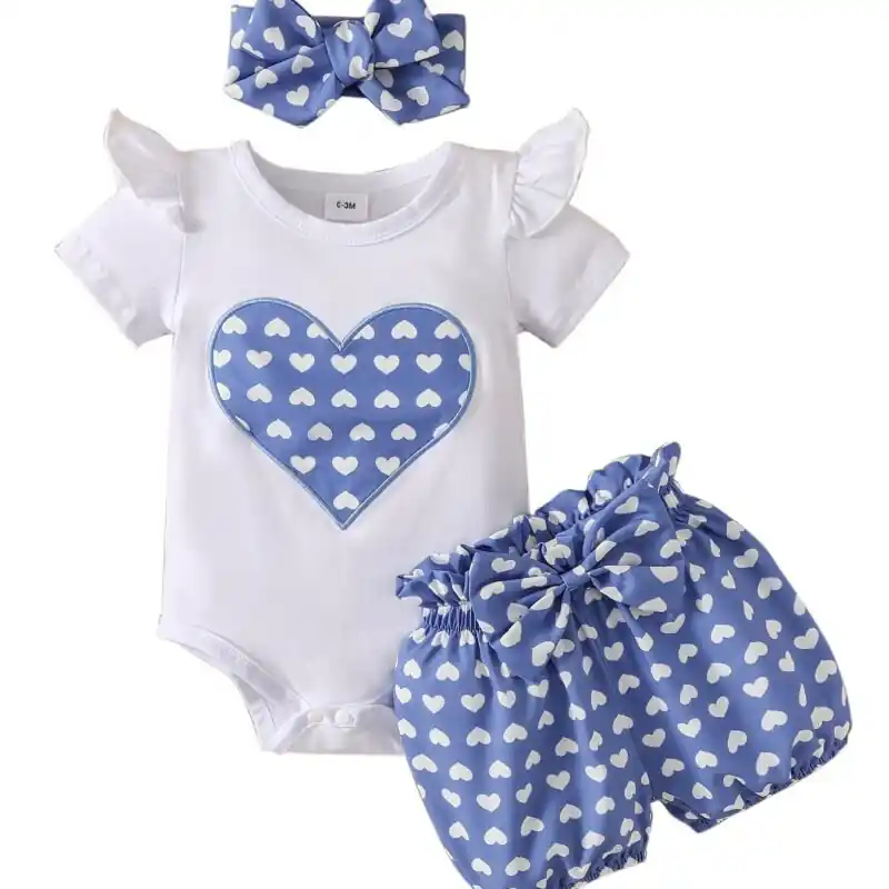 Summer Baby Girl Cotton Bodysuit Set Heart Graphic Ruffle Shorts Headband